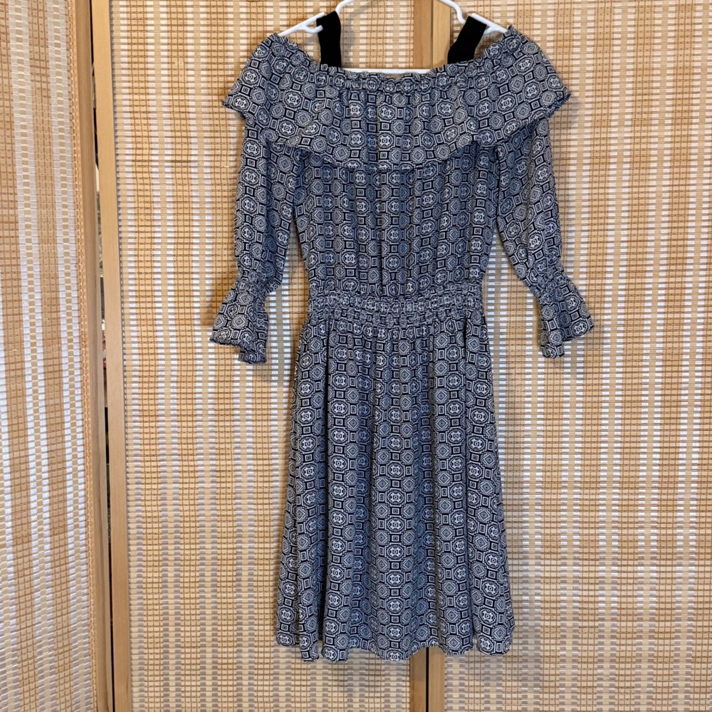 Libby Edelman Geometric Print Off Shoulder Ruffle Smocked Waist Dress XS Black